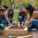 Groupe diversifié construisant un lit de jardin communautaire