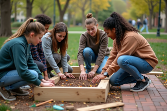 Groupe diversifié construisant un lit de jardin communautaire
