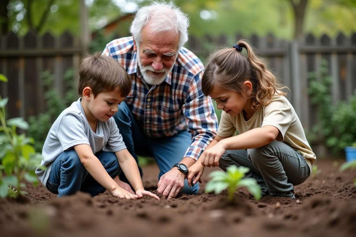 Grand-père enseignant la plantation à ses petits-enfants dans le jardin