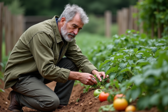 Homme d'âge moyen en jardinage de tomates dans un jardin rural