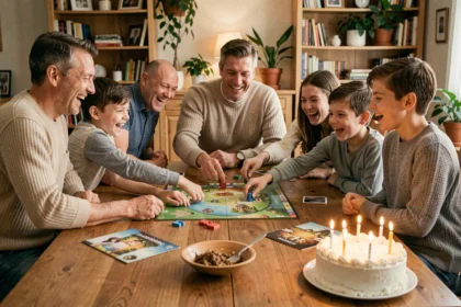 Famille recomposée jouant à un jeu de société autour d'une table en bois lors d'un anniversaire