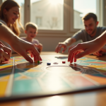 Jeu de l’oie coloré sur une table en bois avec famille