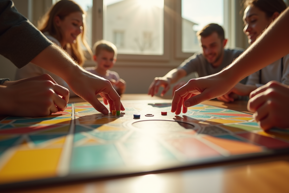 Jeu de l’oie coloré sur une table en bois avec famille