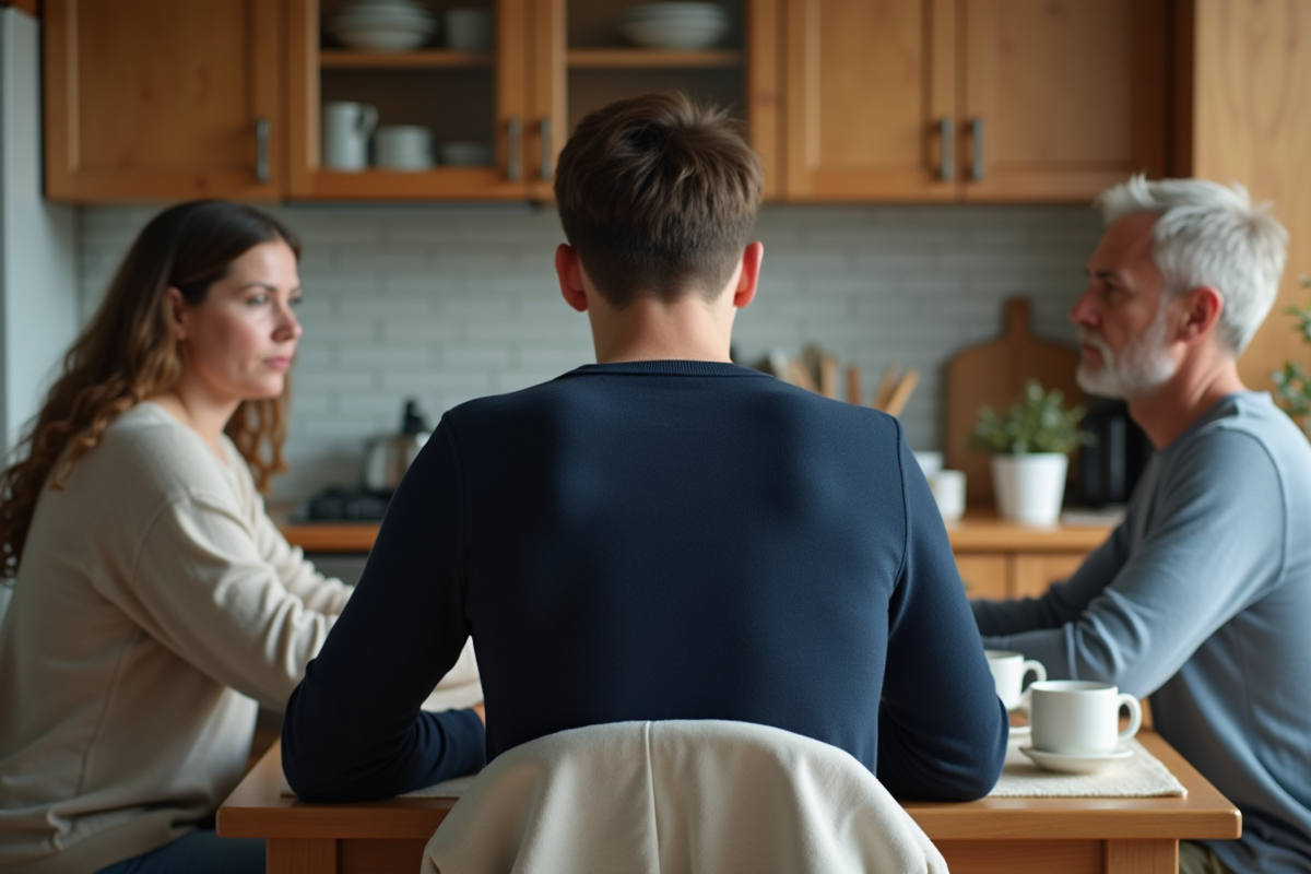 Jeune homme en tension avec ses parents dans la cuisine familiale