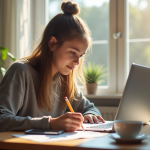 Jeune étudiant travaillant à un bureau moderne à la maison