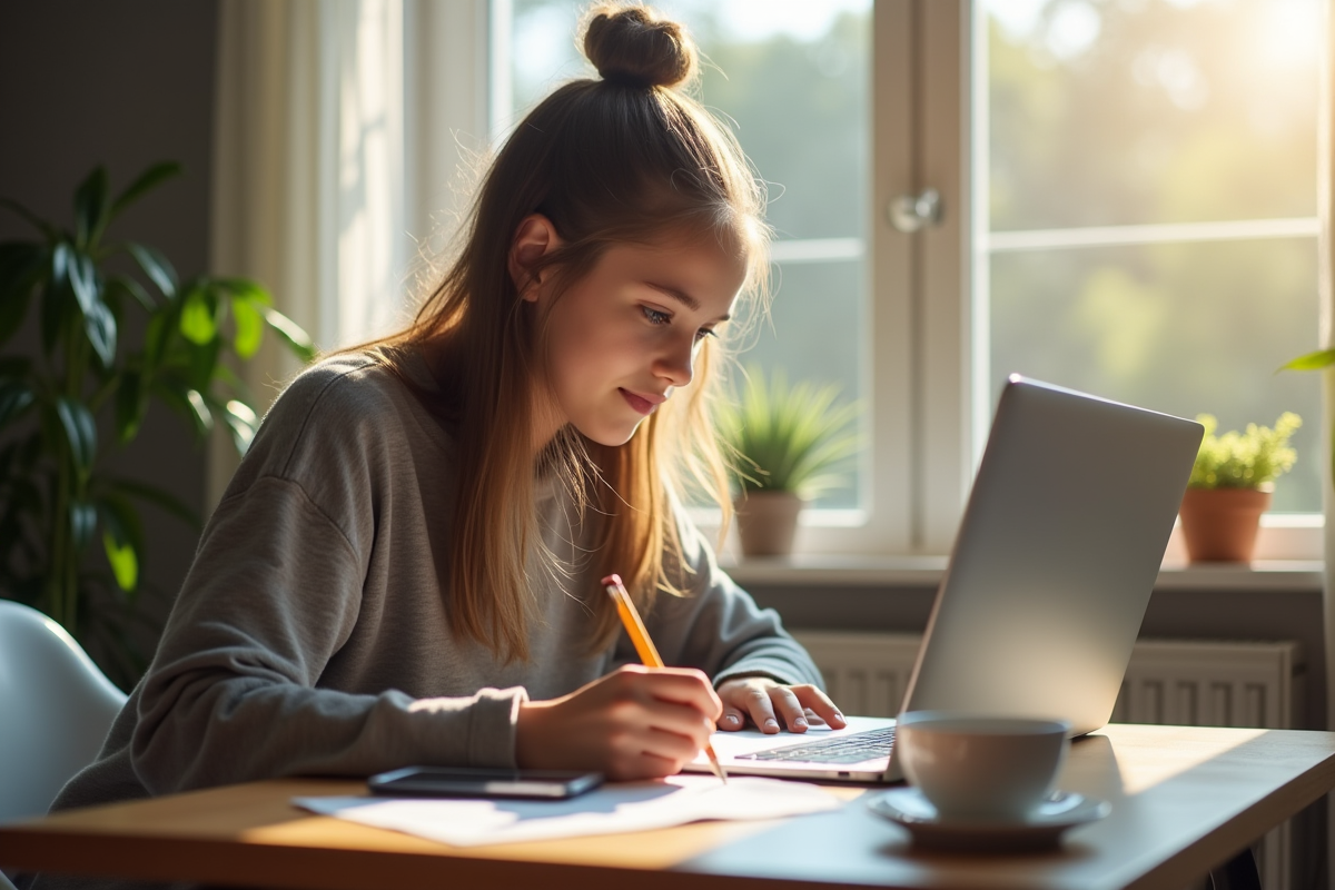 Jeune étudiant travaillant à un bureau moderne à la maison