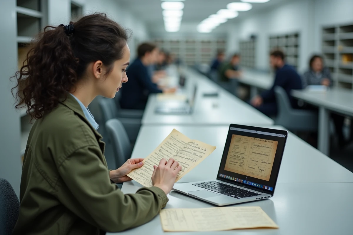 Jeune femme consultant des archives numériques et un arbre généalogique pour comprendre l'origine sociale et géographique de son patronyme