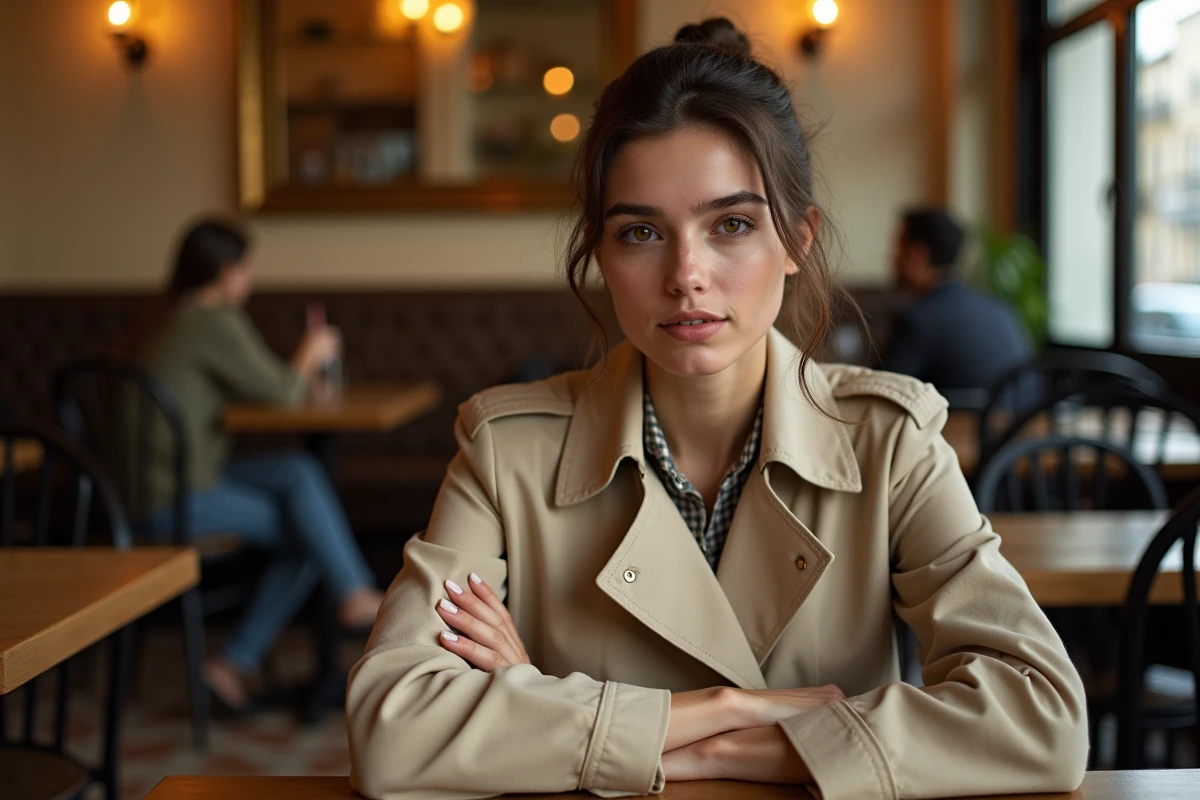 Jeune femme française en imperméable beige assise dans une brasserie parisienne, ambiance familiale décontractée