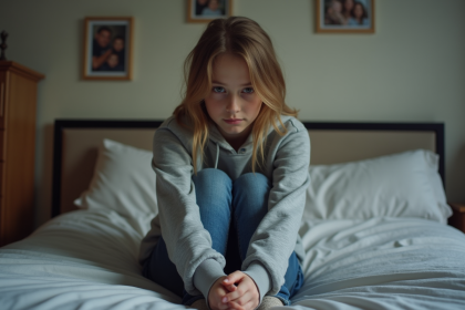 Jeune fille anxieuse assise sur son lit dans une chambre modeste