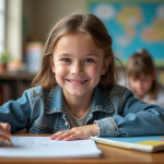 Jeune fille de 7 ans dessinant à l'école dans une classe lumineuse