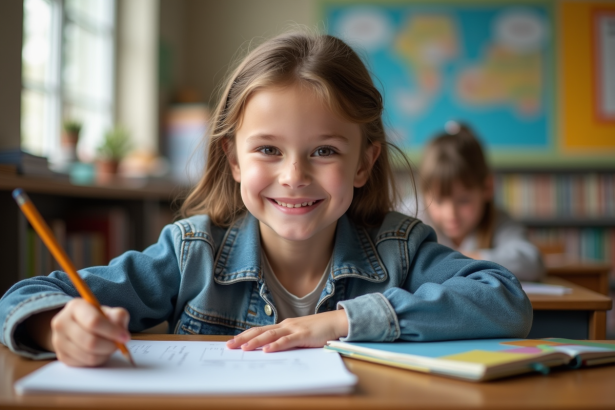 Jeune fille de 7 ans dessinant à l'école dans une classe lumineuse
