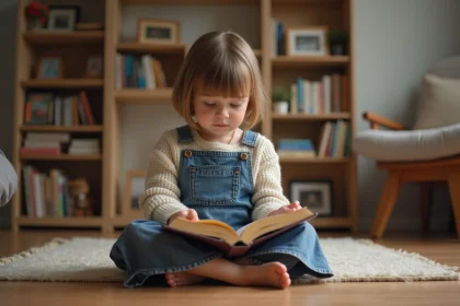 Jeune fille de 8 ans lisant dans un salon chaleureux