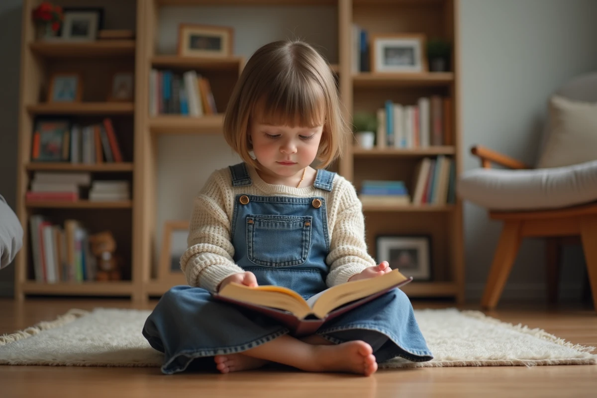 Jeune fille de 8 ans lisant dans un salon chaleureux