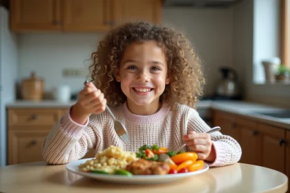 Jeune fille de 8 ans mangeant un repas équilibré