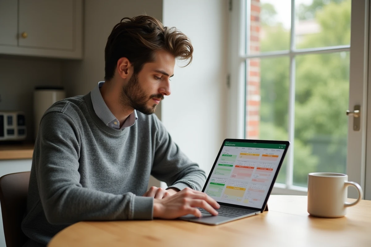Jeune homme modérément habillé modifiant un calendrier sur tablette
