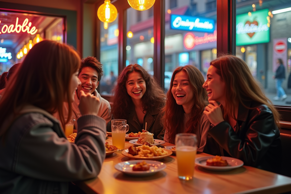 Jeunes stylés partageant un repas dans un restaurant parisien