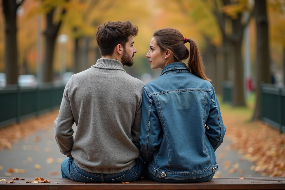 Jeunes adultes assis sur un banc dans un parc en automne