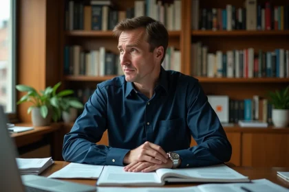 Journaliste et directeur de rédaction à son bureau à domicile entouré de livres et de journaux, illustrant l'influence de la carrière sur la vie privée