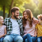 Jumeaux adultes souriants avec leurs enfants dans un parc