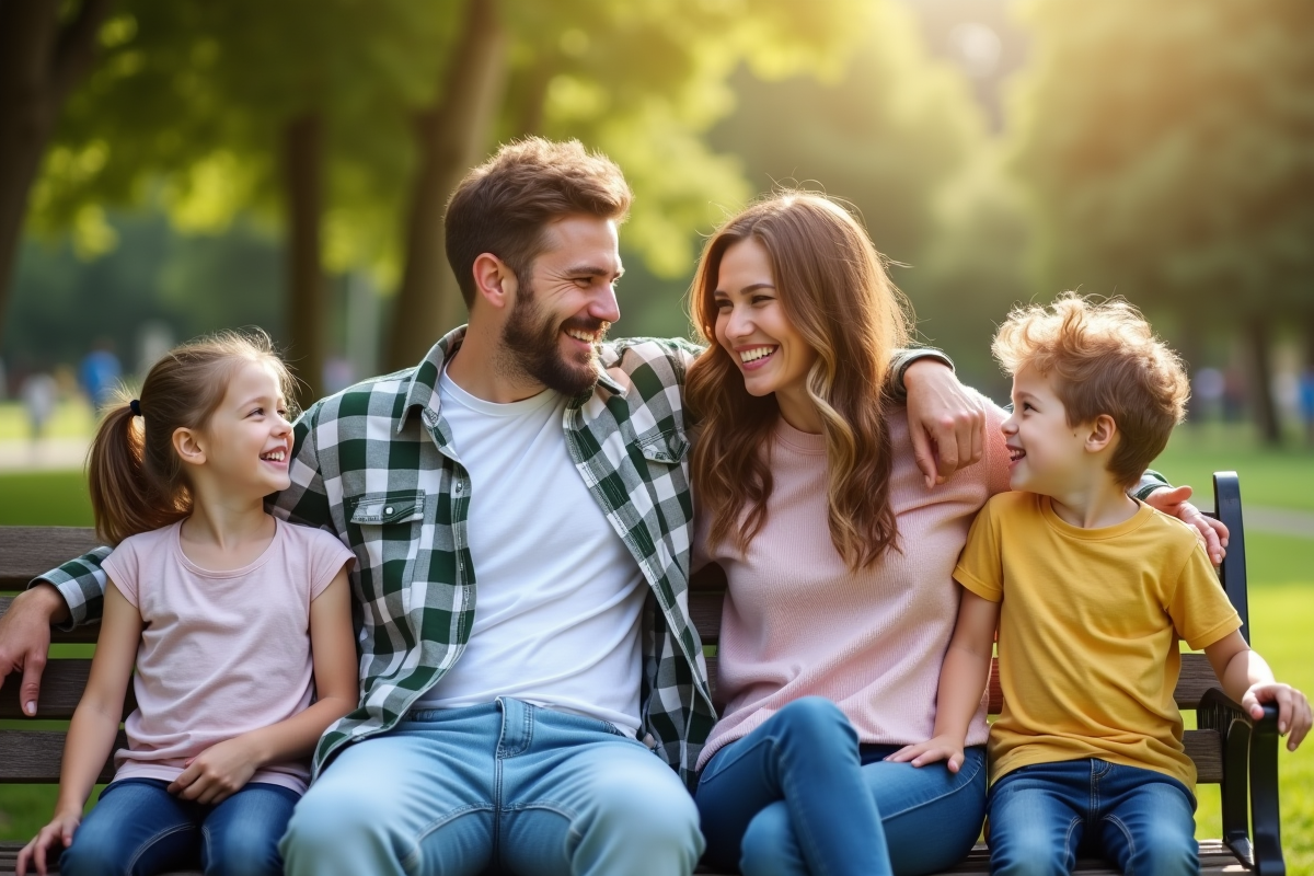 Jumeaux adultes souriants avec leurs enfants dans un parc