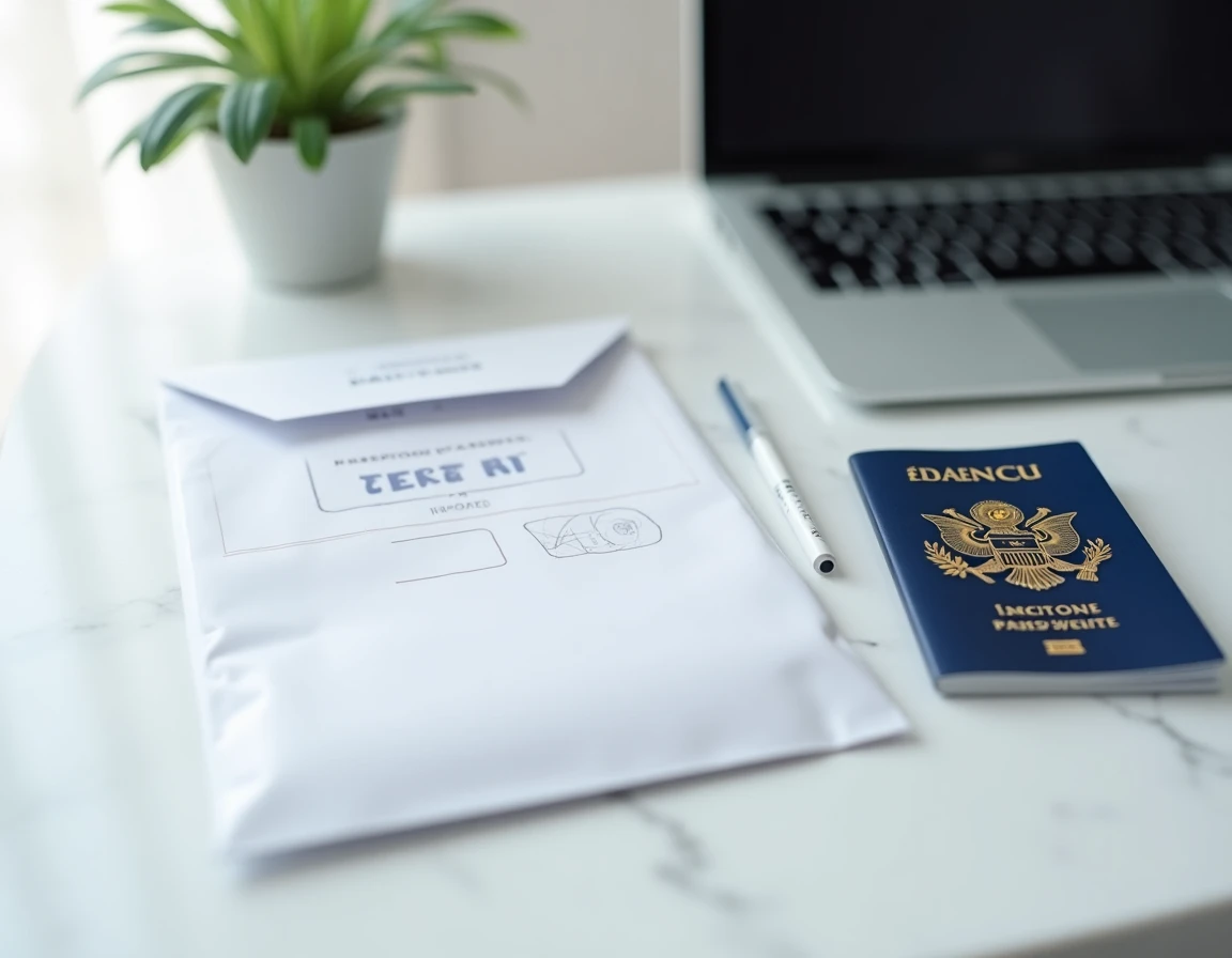Kit de test ADN étranger posé à côté d'un passeport français et d'un ordinateur portable