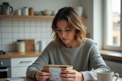Femme ouvrant un kit de test ADN commandé à l'étranger dans une cuisine française