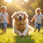 Labrador à poil long jouant avec des enfants dans un jardin ensoleille