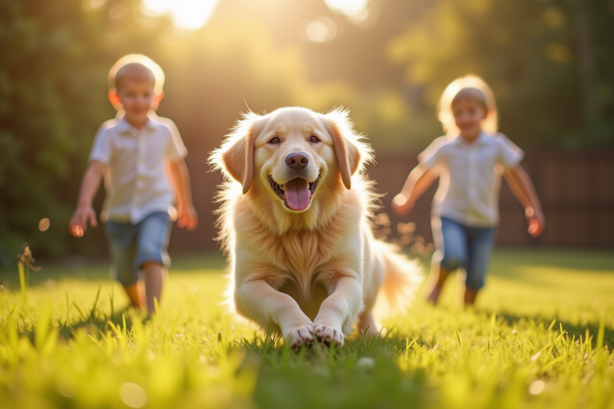 Labrador à poil long jouant avec des enfants dans un jardin ensoleille