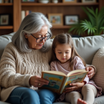 Grand-mère âgée lit un livre à sa petite fille sur un canapé