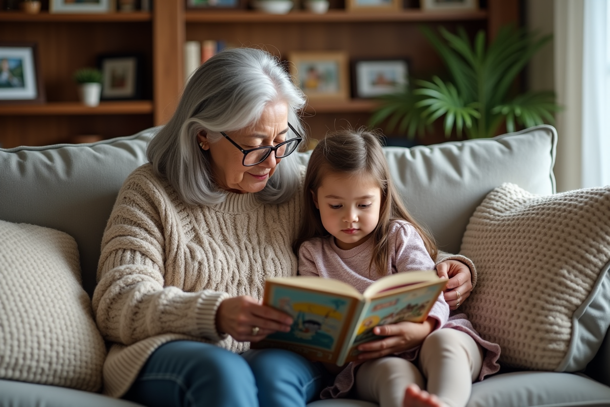 Grand-mère âgée lit un livre à sa petite fille sur un canapé