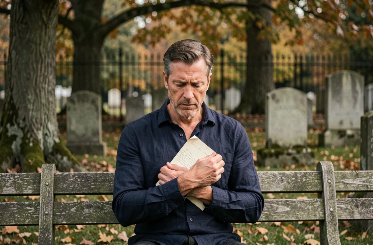 Homme tenant une lettre d'adieu sur un banc dans un cimetière paisible en automne