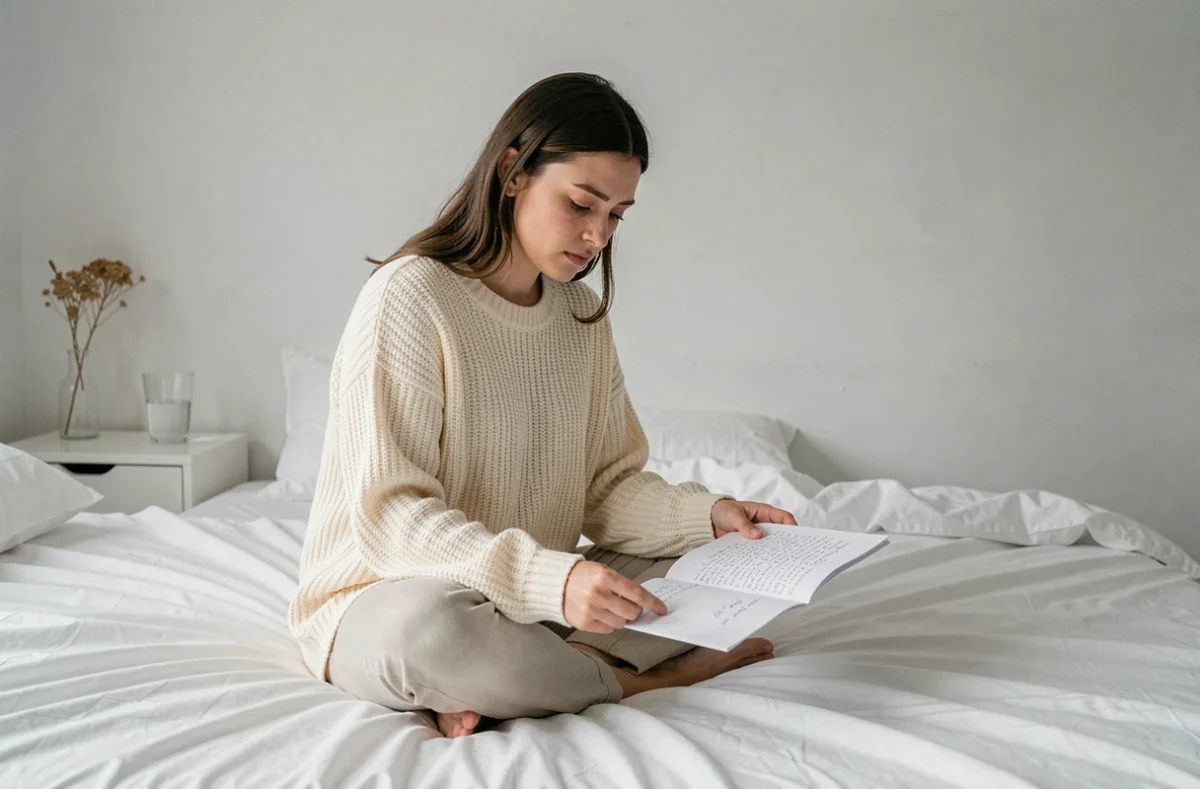 Jeune femme lisant une lettre d'adieu émotive sur un lit dans une chambre épurée