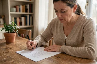 Assistante maternelle rédigeant une lettre de préavis à la main sur une table en bois chez elle