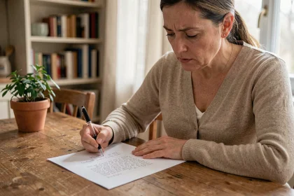 Assistante maternelle rédigeant une lettre de préavis à la main sur une table en bois chez elle