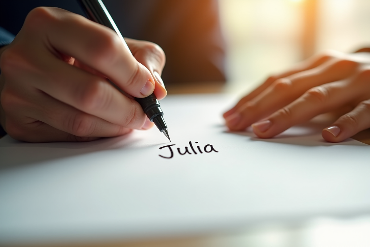 Mains écrivant Julia au stylo sur papier blanc
