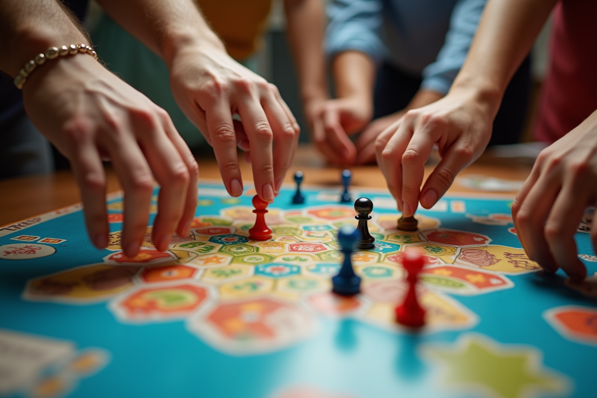 Mains diverses atteignant des pièces colorées sur le plateau