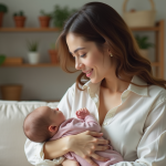 Maman souriante avec son bébé dans un salon chaleureux
