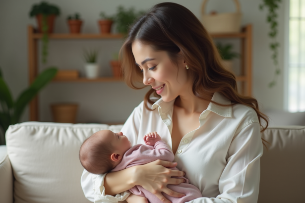 Maman souriante avec son bébé dans un salon chaleureux