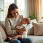 Maman souriante tenant son bébé dans un salon lumineux