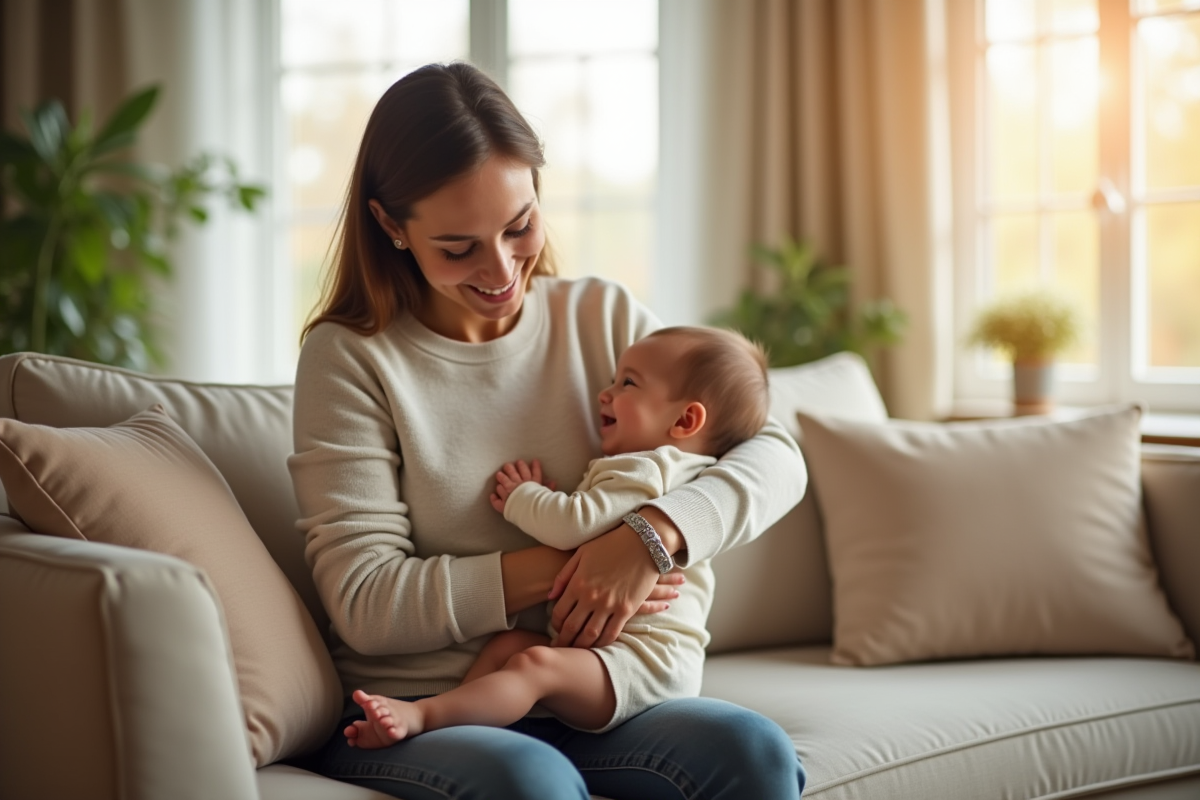Maman souriante tenant son bébé dans un salon lumineux