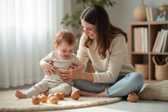 Jeune maman jouant avec son bébé dans une nurserie chaleureuse