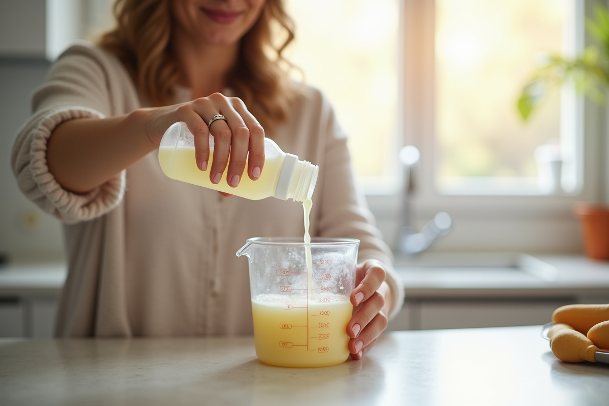 Jeune maman versant du liquide d'un biberon dans un verre doseur