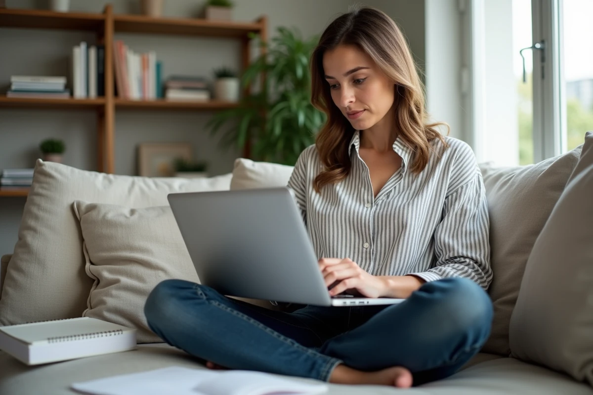 Maman assise sur un canapé consultant un blog sur son ordinateur portable, entourée d'un intérieur lumineux et organisé