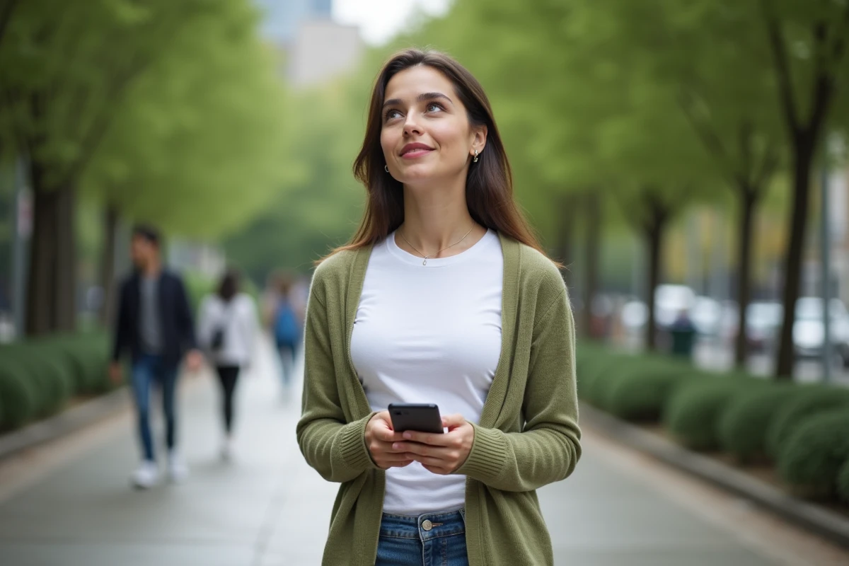 Jeune maman debout dans un parc urbain avec une expression confiante et sereine, tenant un smartphone, illustrant une reprise de confiance personnelle