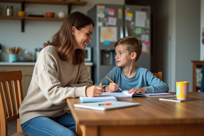 Femme et enfant faisant leurs devoirs à la maison
