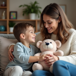 Maman et son enfant partageant un moment rassurant à la maison