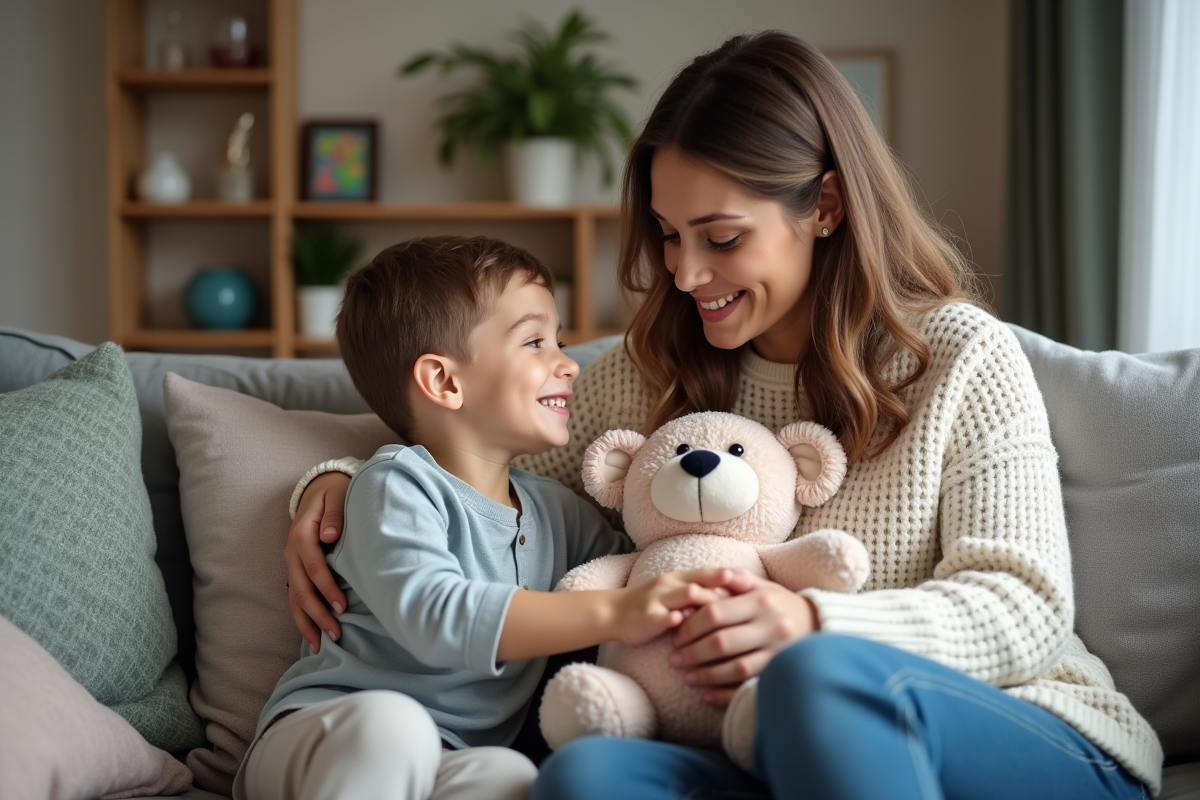 Maman et son enfant partageant un moment rassurant à la maison