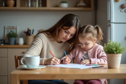 Maman et fille écrivent une note d'absence à la maison