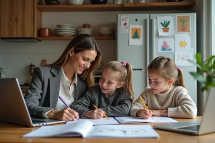 Maman avec ses enfants dessinant à la cuisine chaleureuse