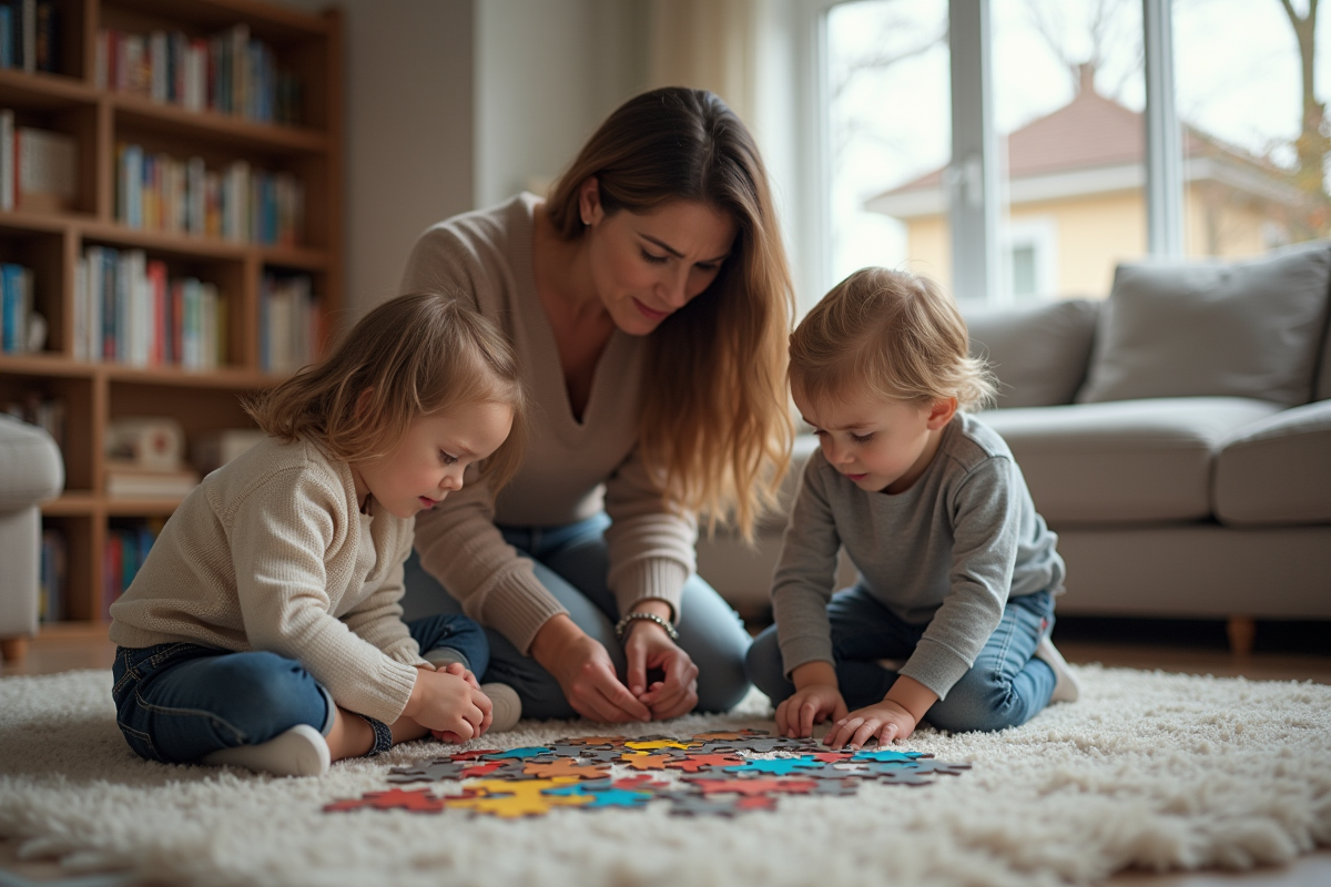 Maman aidant ses enfants à faire un puzzle dans le salon